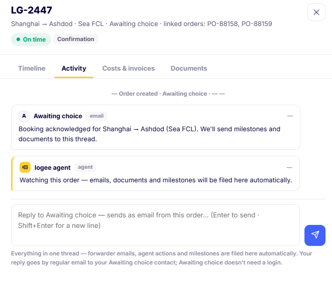 logee order Activity tab: a single thread of forwarder emails and agent actions with a reply box