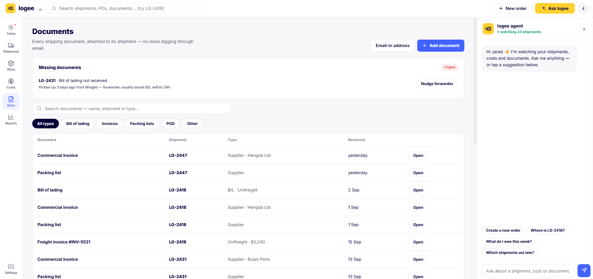 logee Documents view with a missing bill of lading flagged and documents filed per shipment