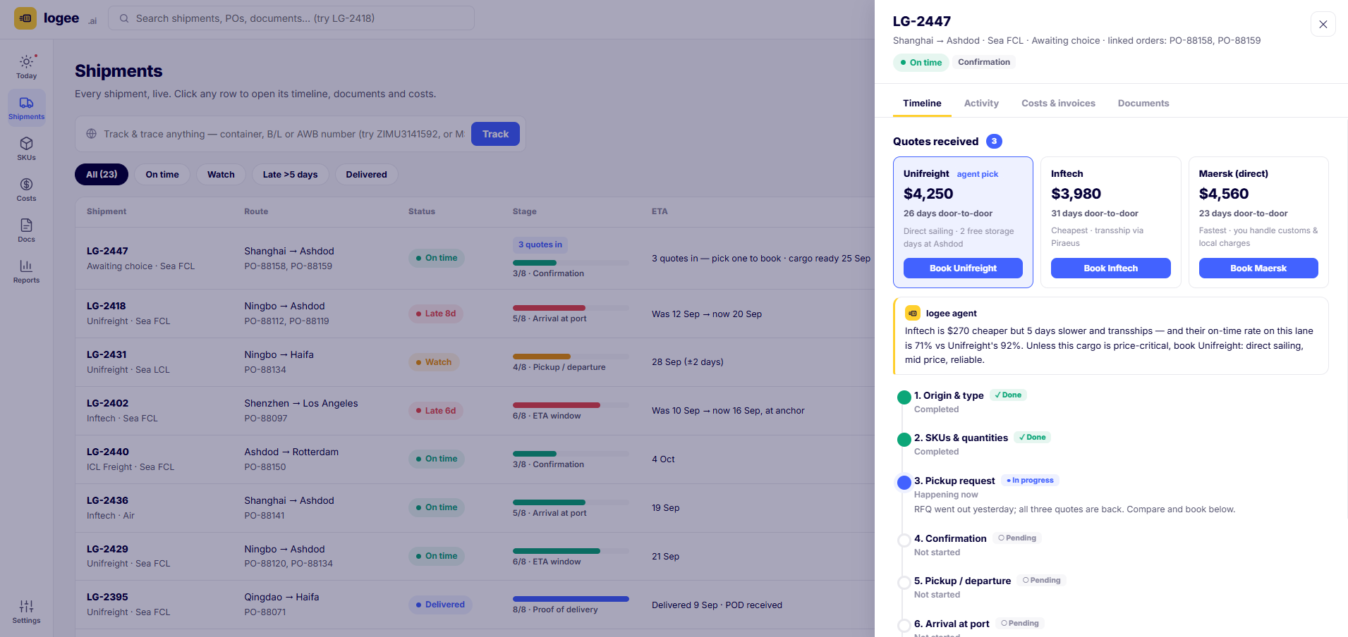 logee quote comparison in the shipment drawer with an agent recommendation