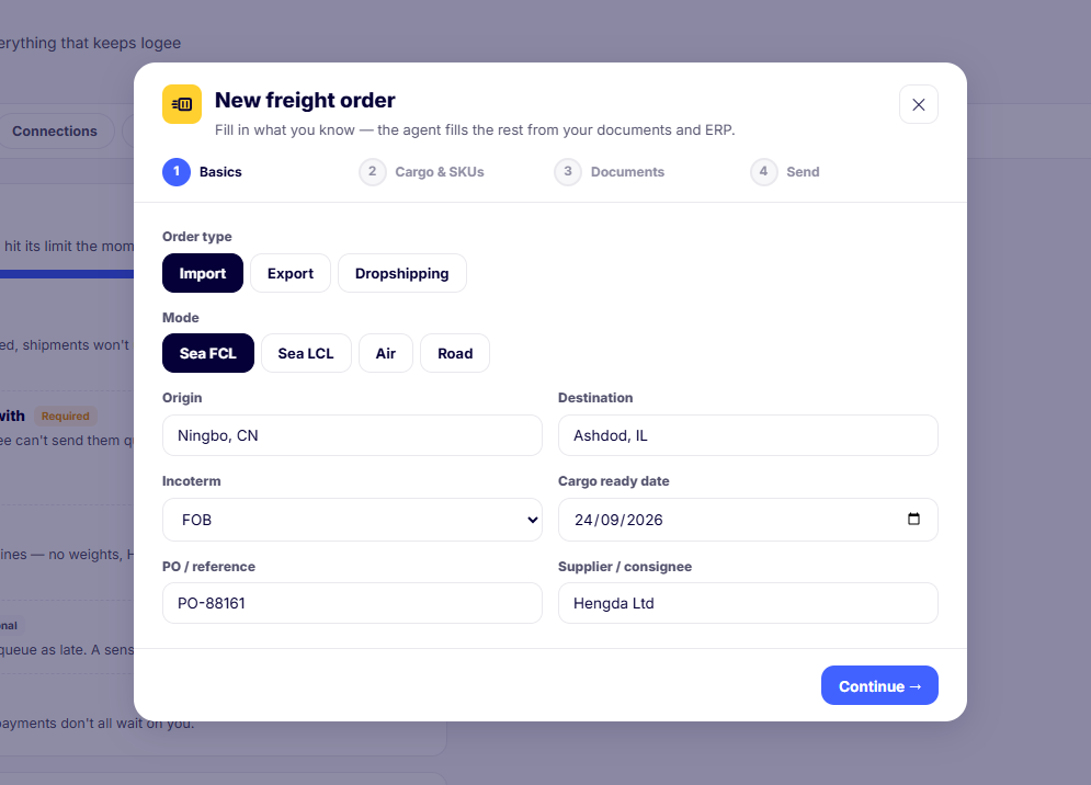 logee new freight order wizard, Basics step: order type, mode, origin, destination, Incoterm and PO